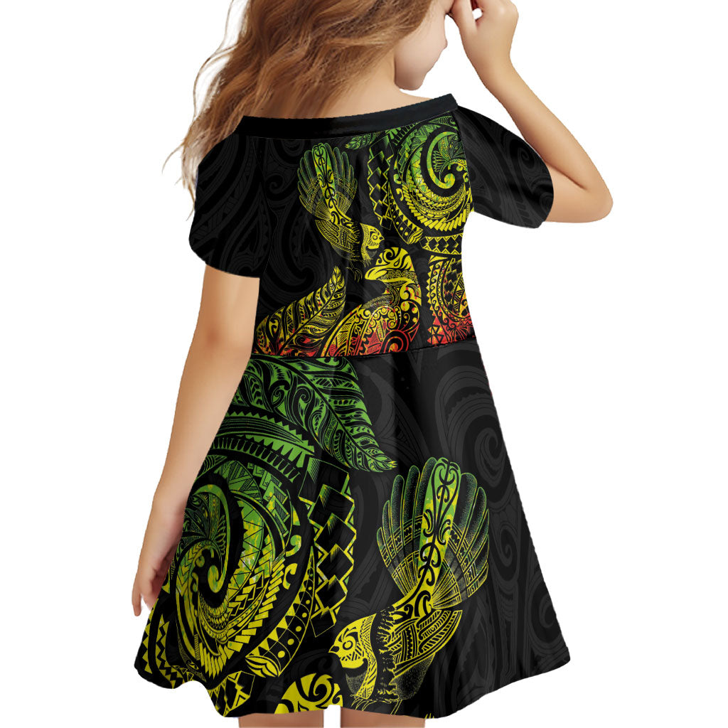 Aotearoa Moko Tribal Tattoo Family Matching Off The Shoulder Long Sleeve Dress and Hawaiian Shirt New Zealand Maori Penguin and Fantail Reggae Style LT03 - Polynesian Pride