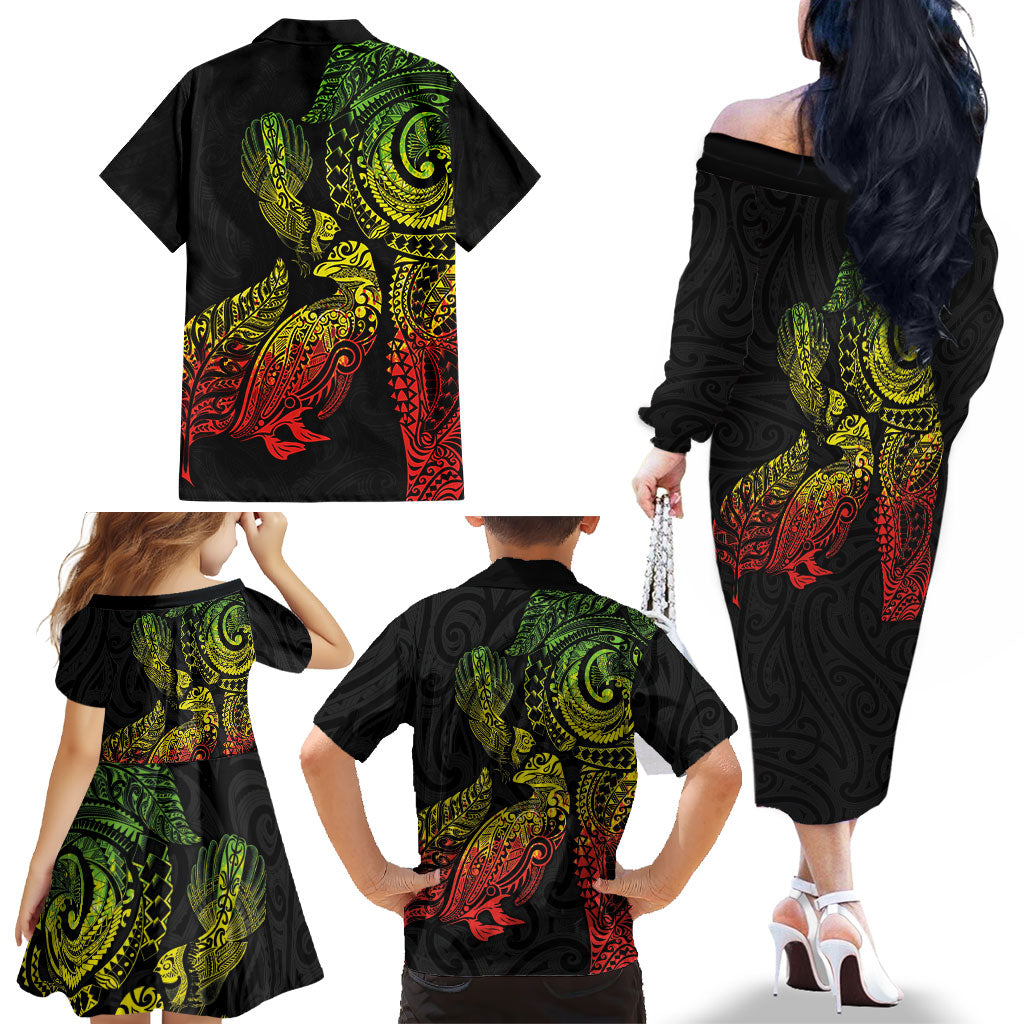 Aotearoa Moko Tribal Tattoo Family Matching Off The Shoulder Long Sleeve Dress and Hawaiian Shirt New Zealand Maori Penguin and Fantail Reggae Style LT03 - Polynesian Pride