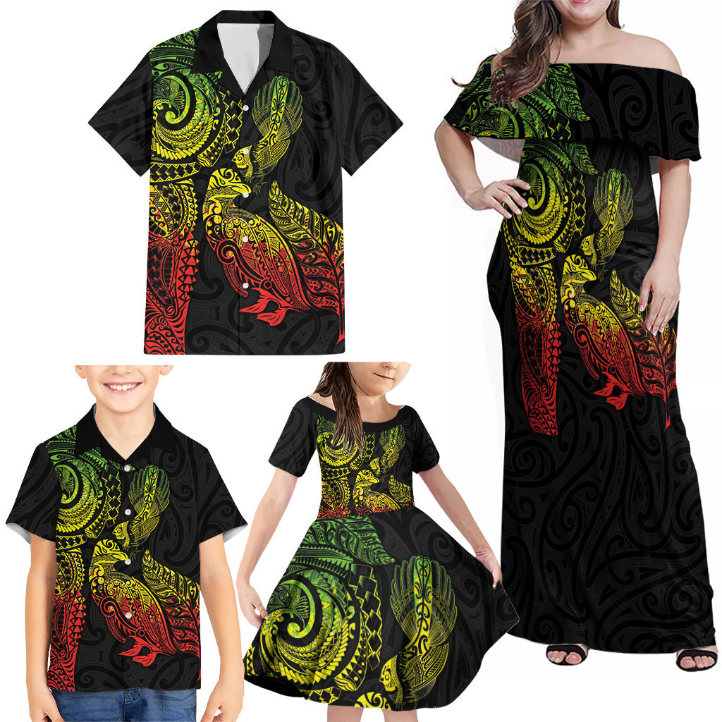 Aotearoa Moko Tribal Tattoo Family Matching Off Shoulder Maxi Dress and Hawaiian Shirt New Zealand Maori Penguin and Fantail Reggae Style