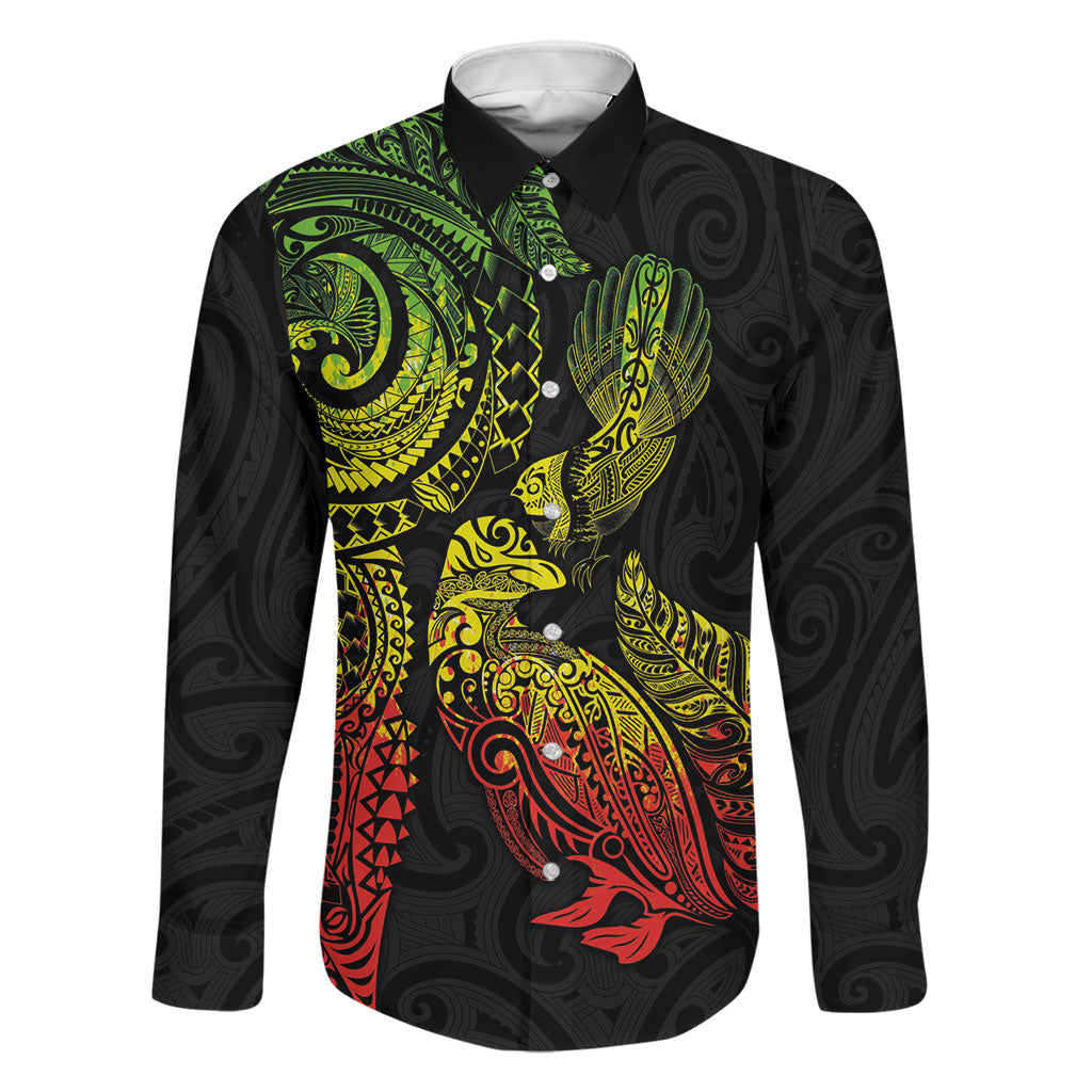 Aotearoa Moko Tribal Tattoo Family Matching Off Shoulder Maxi Dress and Hawaiian Shirt New Zealand Maori Penguin and Fantail Reggae Style LT03 Dad's Shirt - Long Sleeve Multicolor - Polynesian Pride