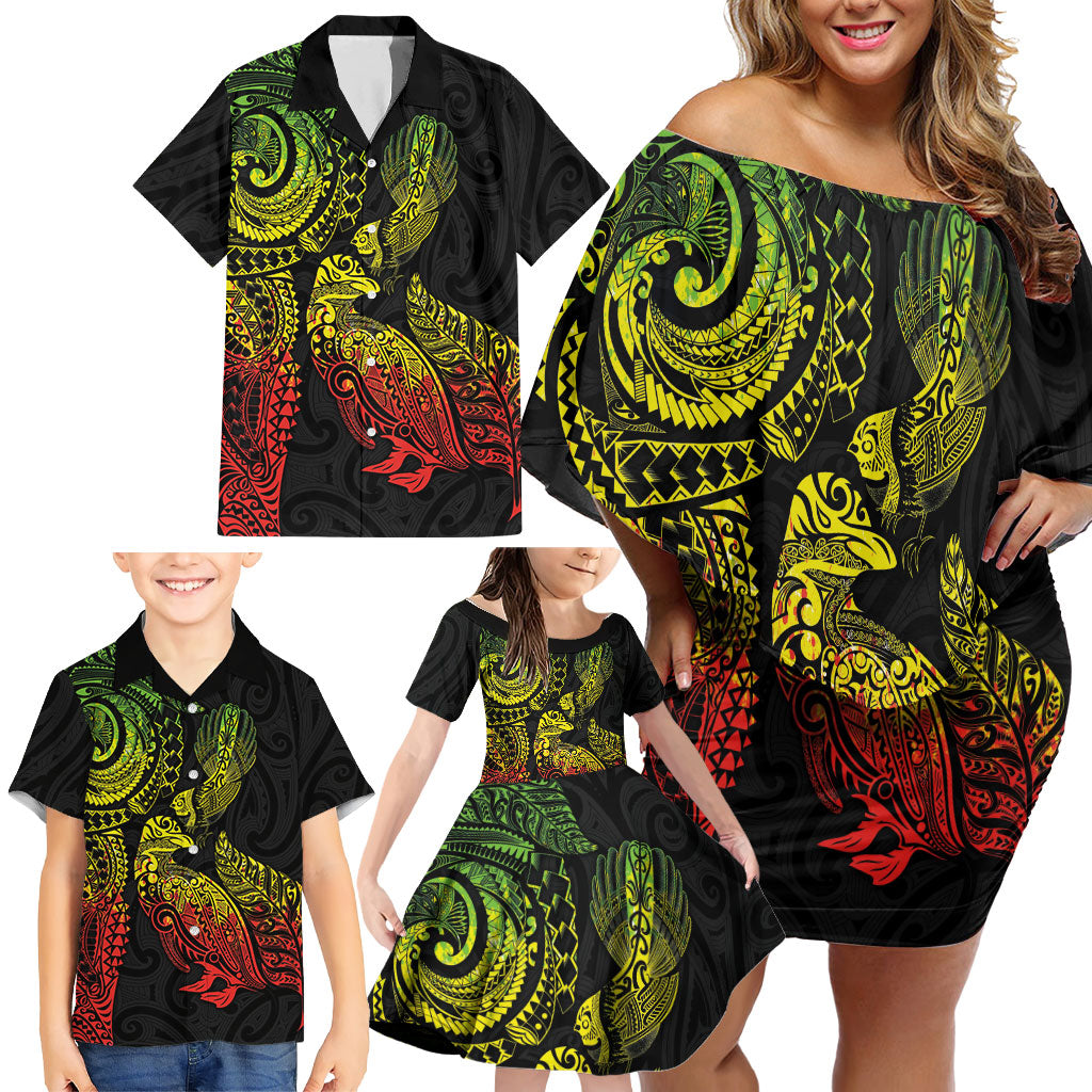 Aotearoa Moko Tribal Tattoo Family Matching Off Shoulder Short Dress and Hawaiian Shirt New Zealand Maori Penguin and Fantail Reggae Style