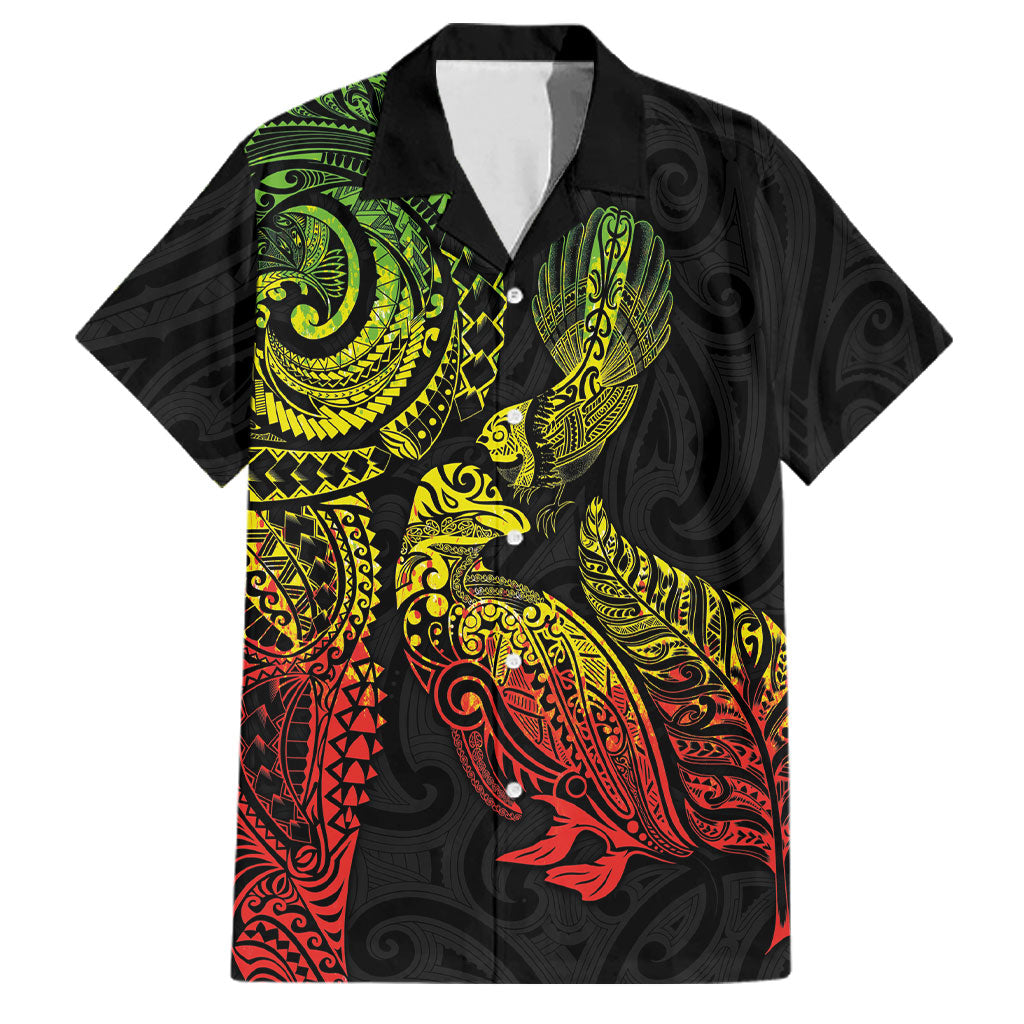 Aotearoa Moko Tribal Tattoo Family Matching Off Shoulder Short Dress and Hawaiian Shirt New Zealand Maori Penguin and Fantail Reggae Style LT03 Dad's Shirt - Short Sleeve Multicolor - Polynesian Pride