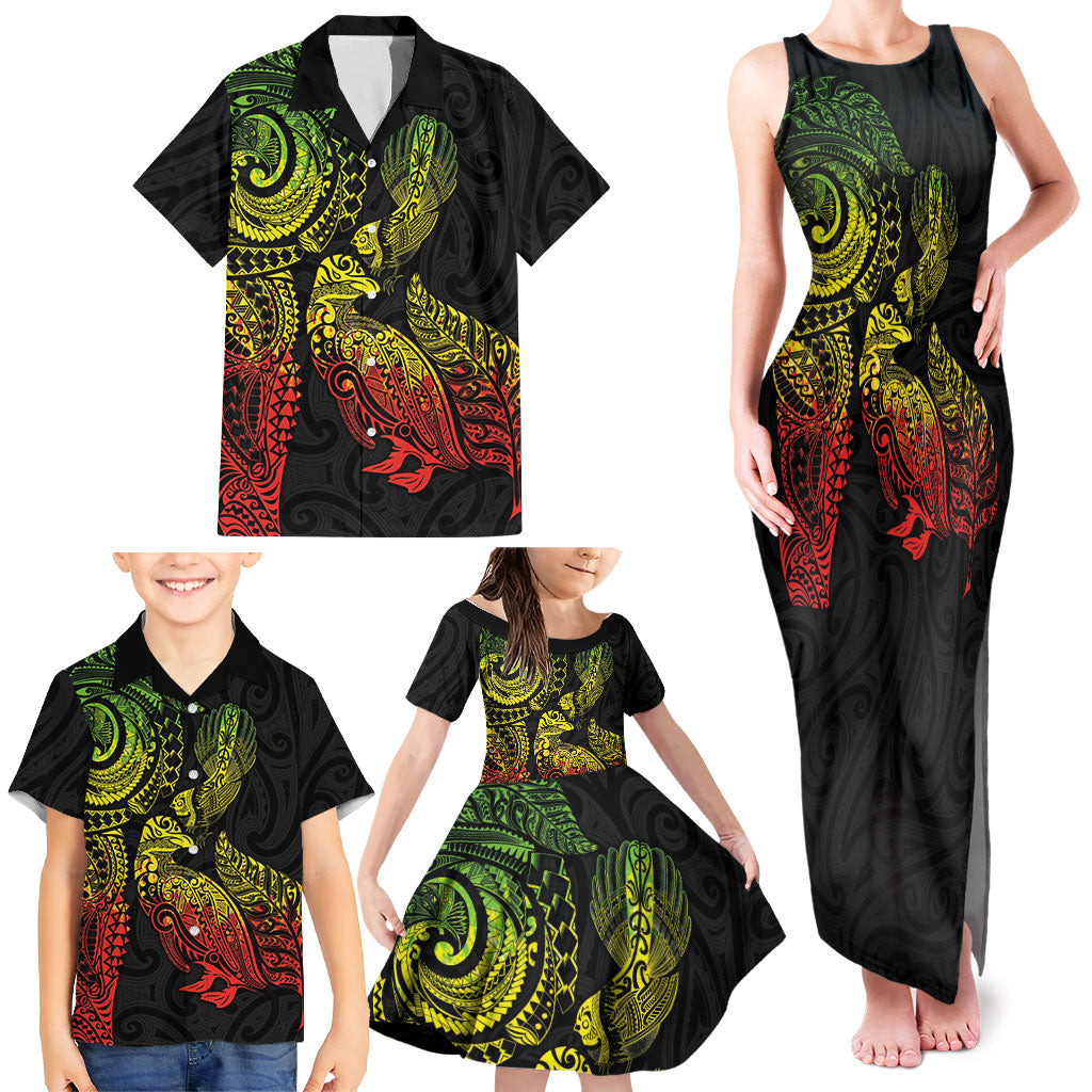Aotearoa Moko Tribal Tattoo Family Matching Tank Maxi Dress and Hawaiian Shirt New Zealand Maori Penguin and Fantail Reggae Style