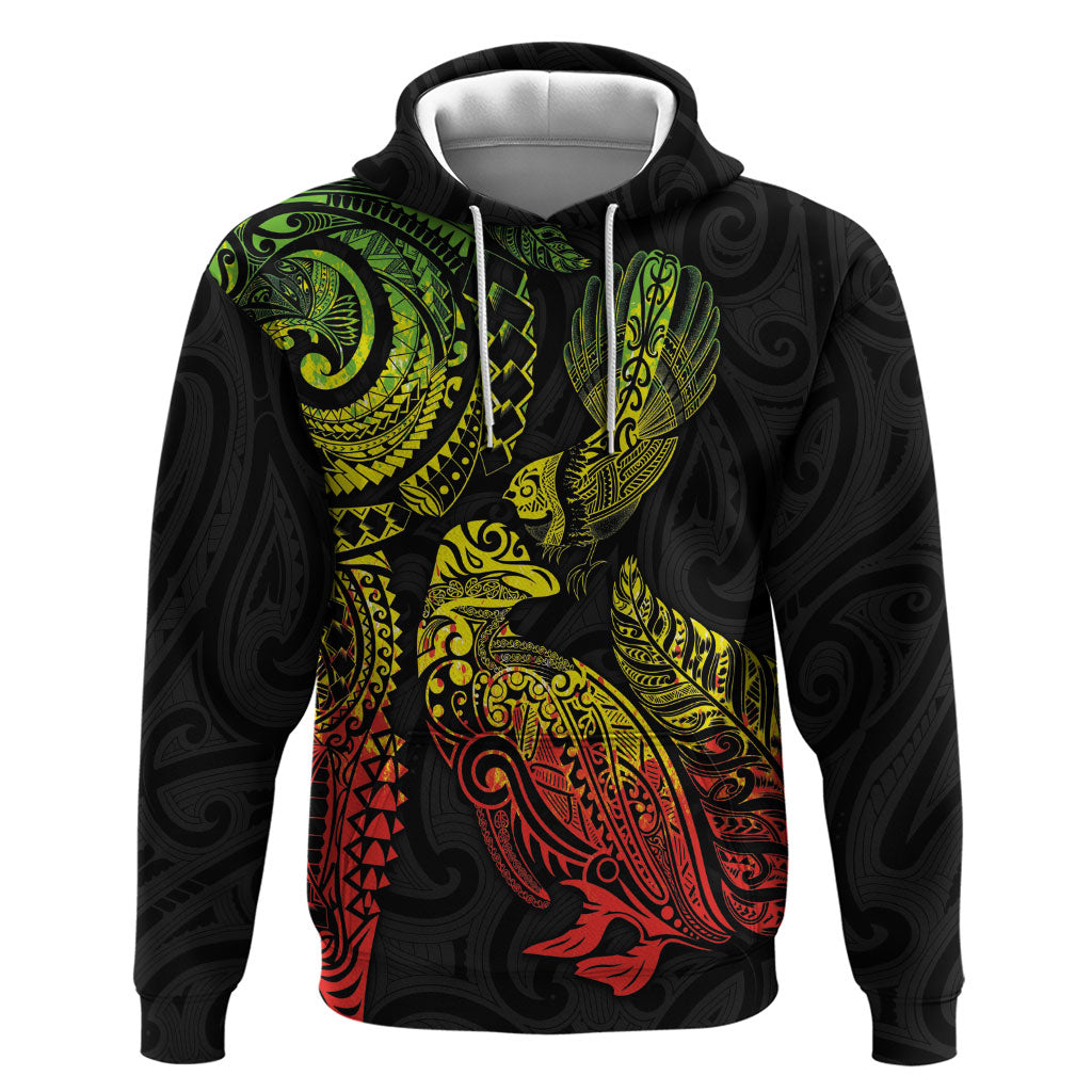 Aotearoa Moko Tribal Tattoo Hoodie New Zealand Maori Penguin and Fantail Reggae Style LT03 Pullover Hoodie Multicolor - Polynesian Pride