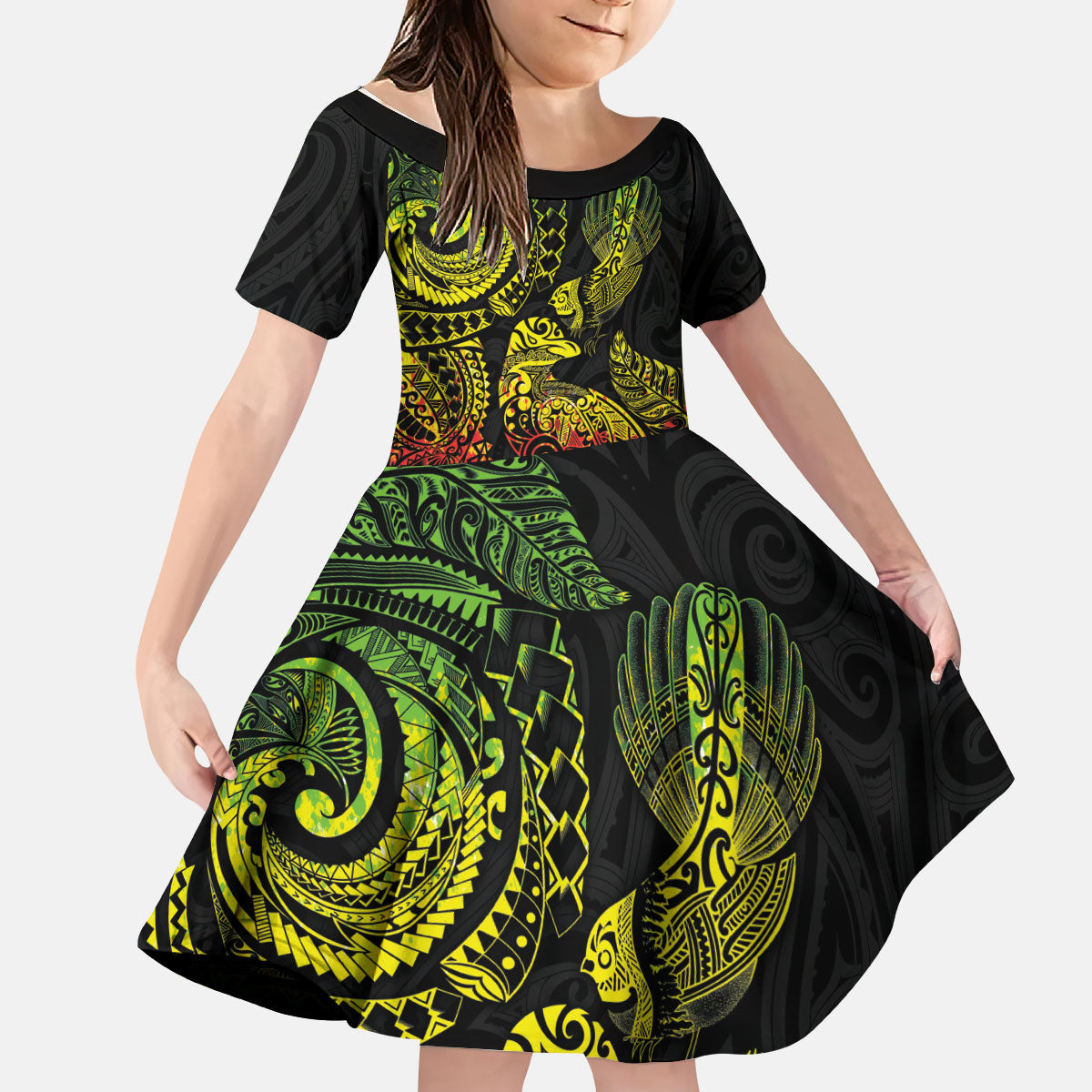 Aotearoa Moko Tribal Tattoo Kid Short Sleeve Dress New Zealand Maori Penguin and Fantail Reggae Style LT03 KID Multicolor - Polynesian Pride