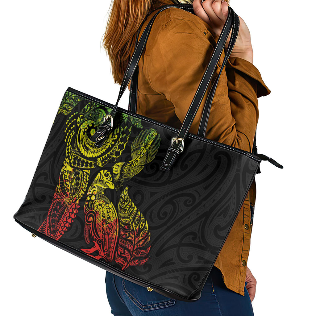Aotearoa Moko Tribal Tattoo Leather Tote Bag New Zealand Maori Penguin and Fantail Reggae Style LT03 - Polynesian Pride
