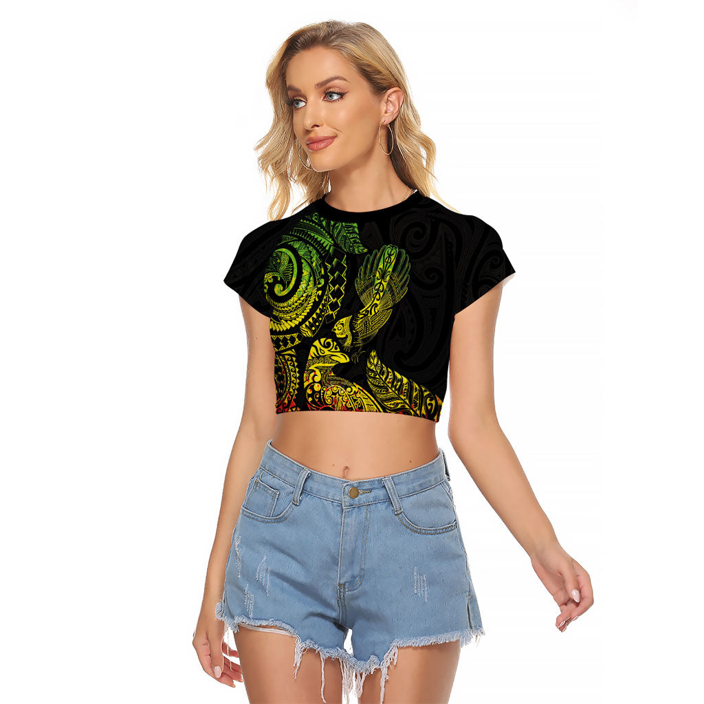 Aotearoa Moko Tribal Tattoo Raglan Cropped T Shirt New Zealand Maori Penguin and Fantail Reggae Style LT03 Female Multicolor - Polynesian Pride