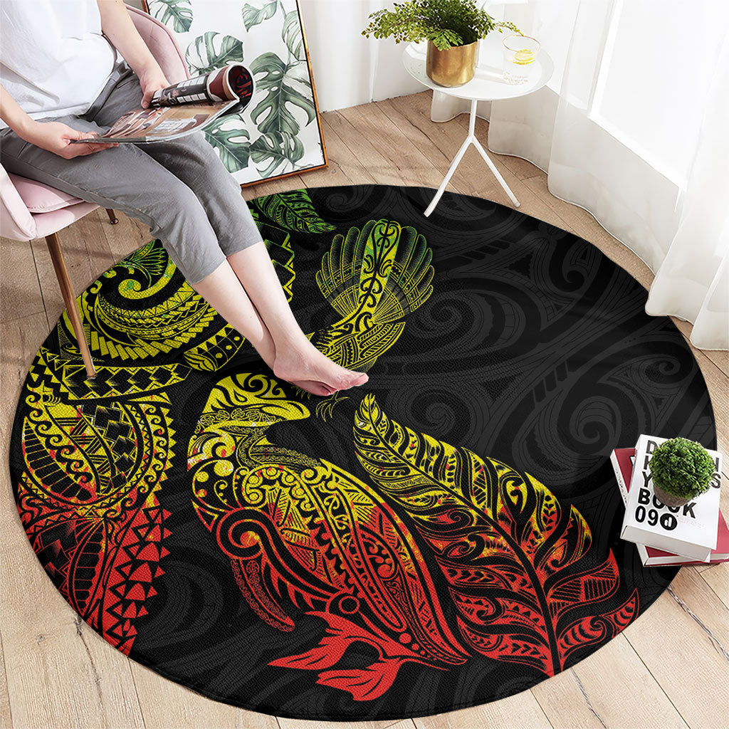 Aotearoa Moko Tribal Tattoo Round Carpet New Zealand Maori Penguin and Fantail Reggae Style LT03 - Polynesian Pride