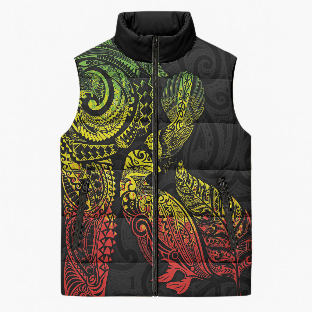 Aotearoa Moko Tribal Tattoo Sleeveless Puffer Jacket New Zealand Maori Penguin and Fantail Reggae Style LT03 Unisex Multicolor - Polynesian Pride