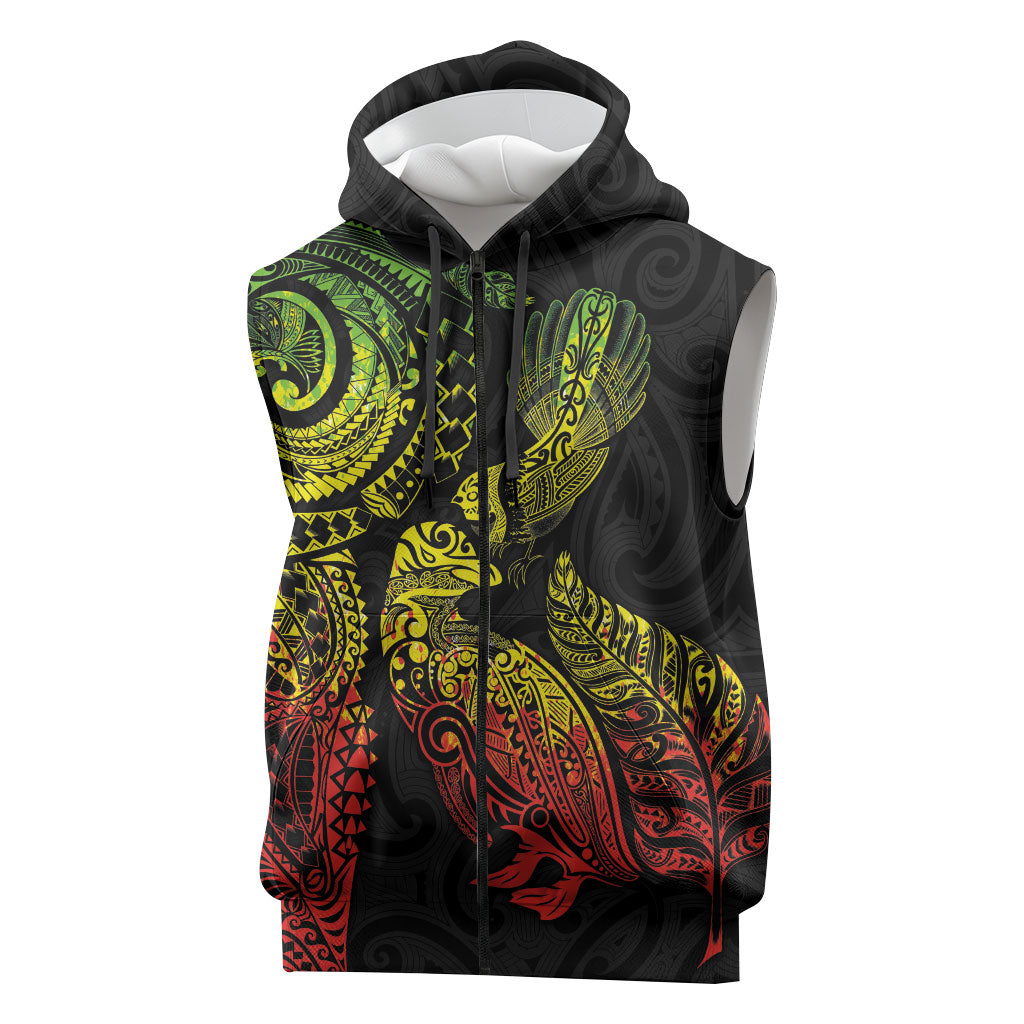 Aotearoa Moko Tribal Tattoo Sleeveless Zip Hoodie New Zealand Maori Penguin and Fantail Reggae Style LT03 Multicolor - Polynesian Pride