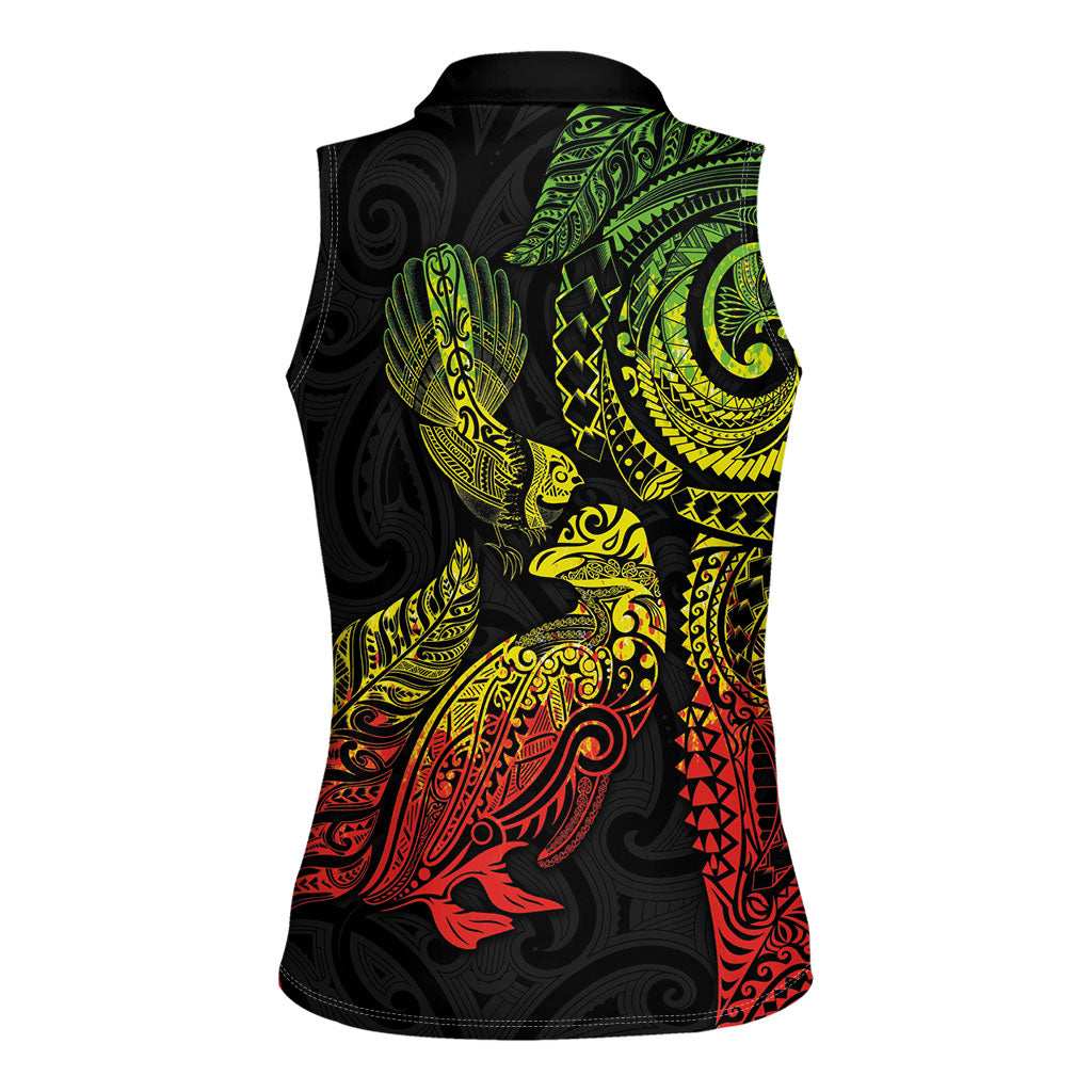 Aotearoa Moko Tribal Tattoo Women Sleeveless Polo Shirt New Zealand Maori Penguin and Fantail Reggae Style LT03 - Polynesian Pride
