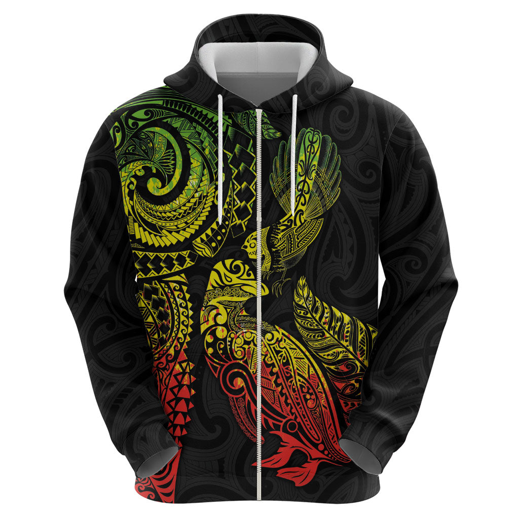Aotearoa Moko Tribal Tattoo Zip Hoodie New Zealand Maori Penguin and Fantail Reggae Style LT03 - Polynesian Pride