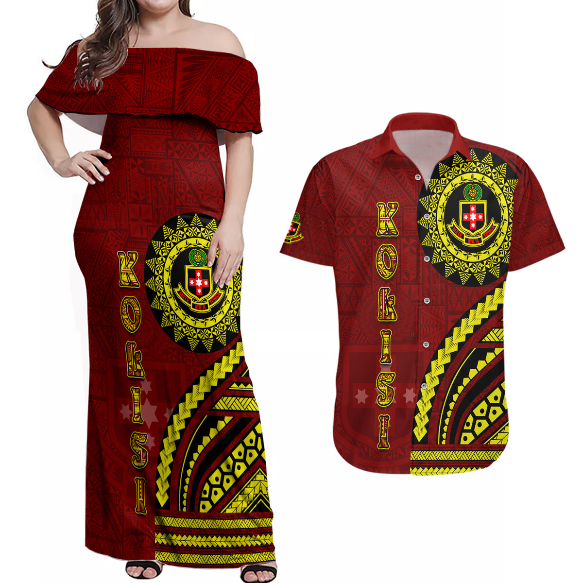Kolisi Tonga Atele Couples Matching Off Shoulder Maxi Dress and Hawaiian Shirt Ngatu and Polynesian Pattern LT03 Red - Polynesian Pride