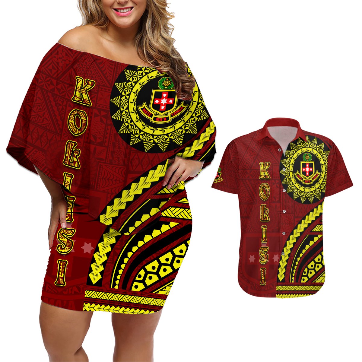 Kolisi Tonga Atele Couples Matching Off Shoulder Short Dress and Hawaiian Shirt Ngatu and Polynesian Pattern LT03 Red - Polynesian Pride