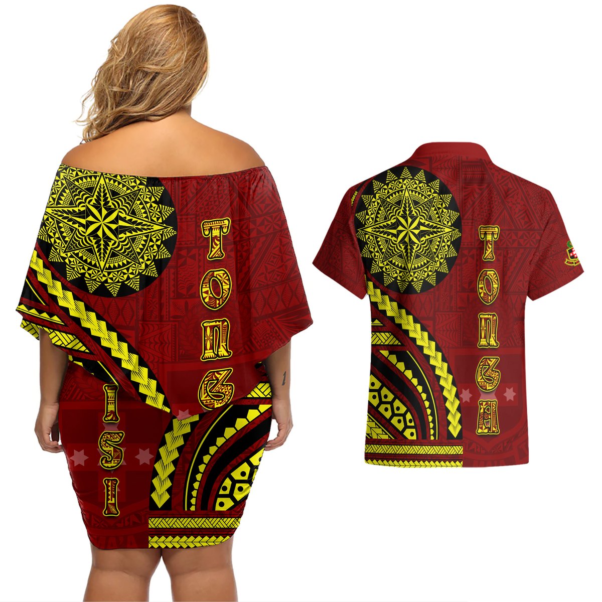 Kolisi Tonga Atele Couples Matching Off Shoulder Short Dress and Hawaiian Shirt Ngatu and Polynesian Pattern LT03 - Polynesian Pride