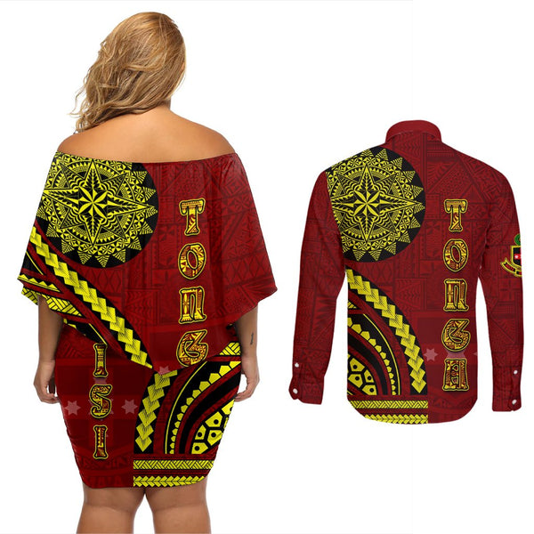 Personalised Kolisi Tonga Atele Couples Matching Long Sleeve Bodycon Dress and Long Sleeve Button Shirts Tongan Kupesi - Special LT7 main image 0