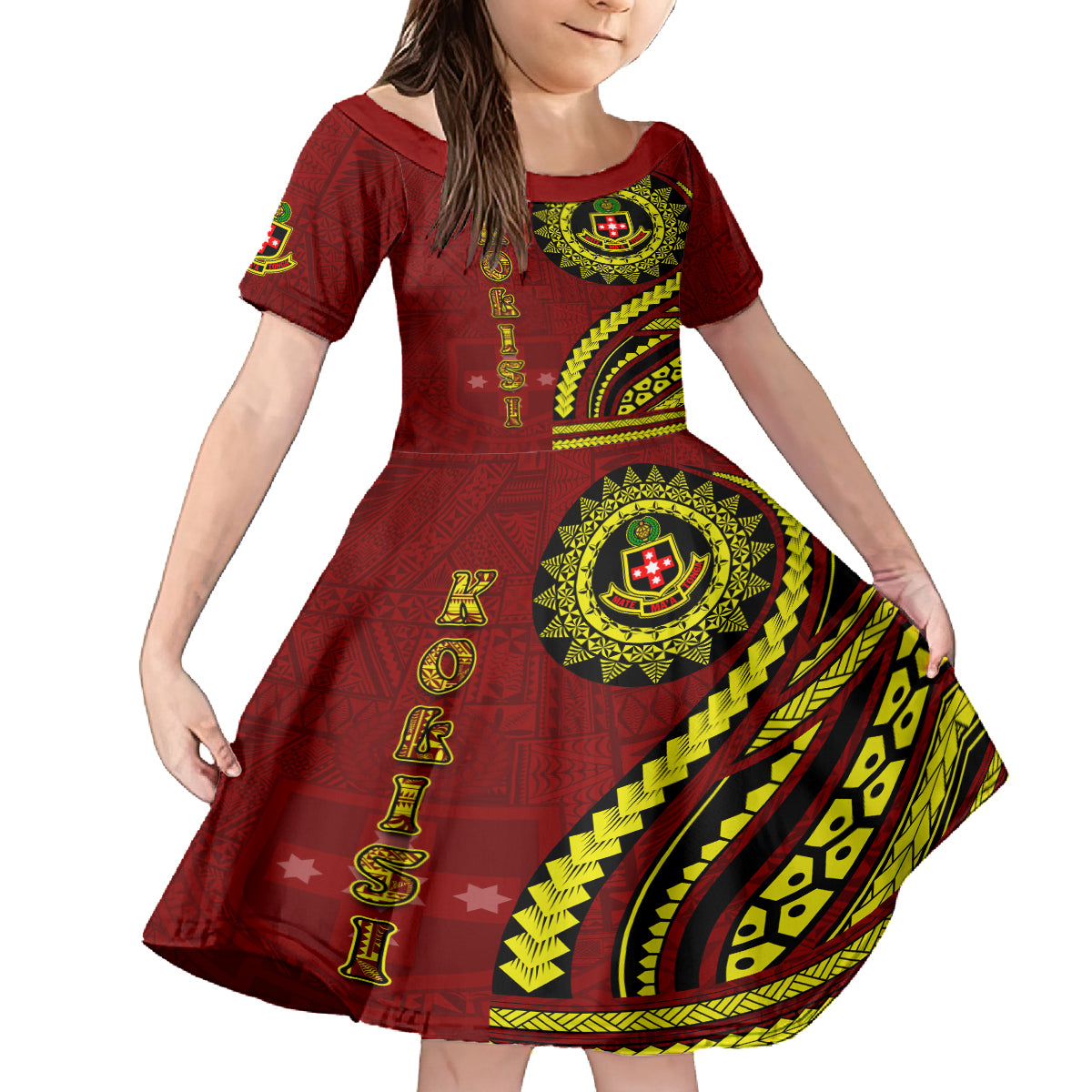 Kolisi Tonga Atele Family Matching Off The Shoulder Long Sleeve Dress and Hawaiian Shirt Ngatu and Polynesian Pattern LT03 Daughter's Dress Red - Polynesian Pride