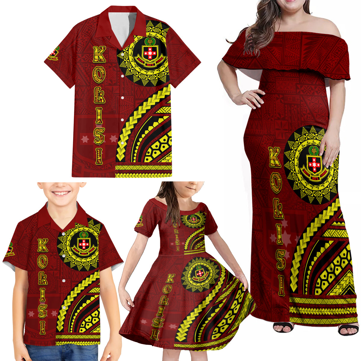 Kolisi Tonga Atele Family Matching Off Shoulder Maxi Dress and Hawaiian Shirt Ngatu and Polynesian Pattern LT03 - Polynesian Pride