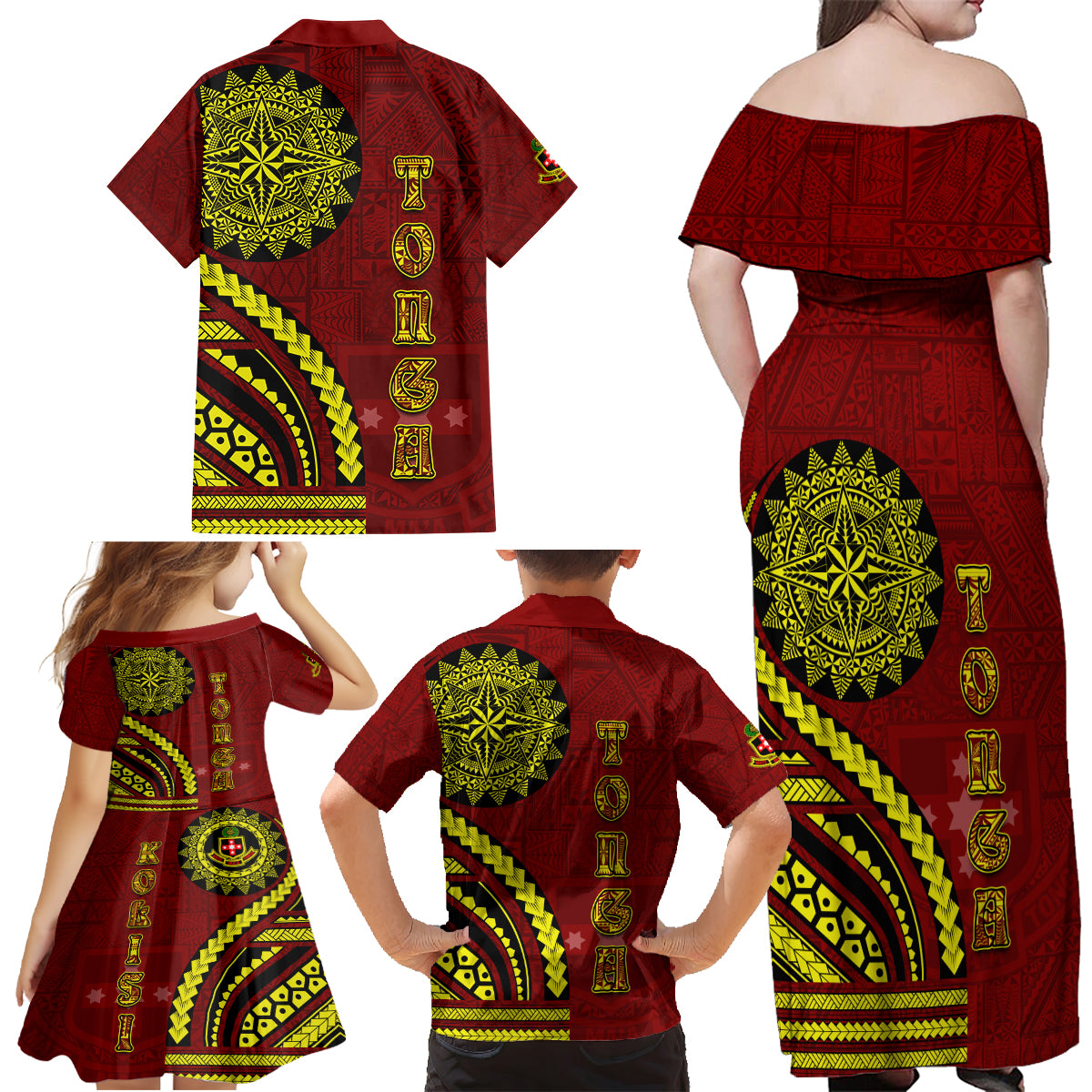 Kolisi Tonga Atele Family Matching Off Shoulder Maxi Dress and Hawaiian Shirt Ngatu and Polynesian Pattern LT03 - Polynesian Pride