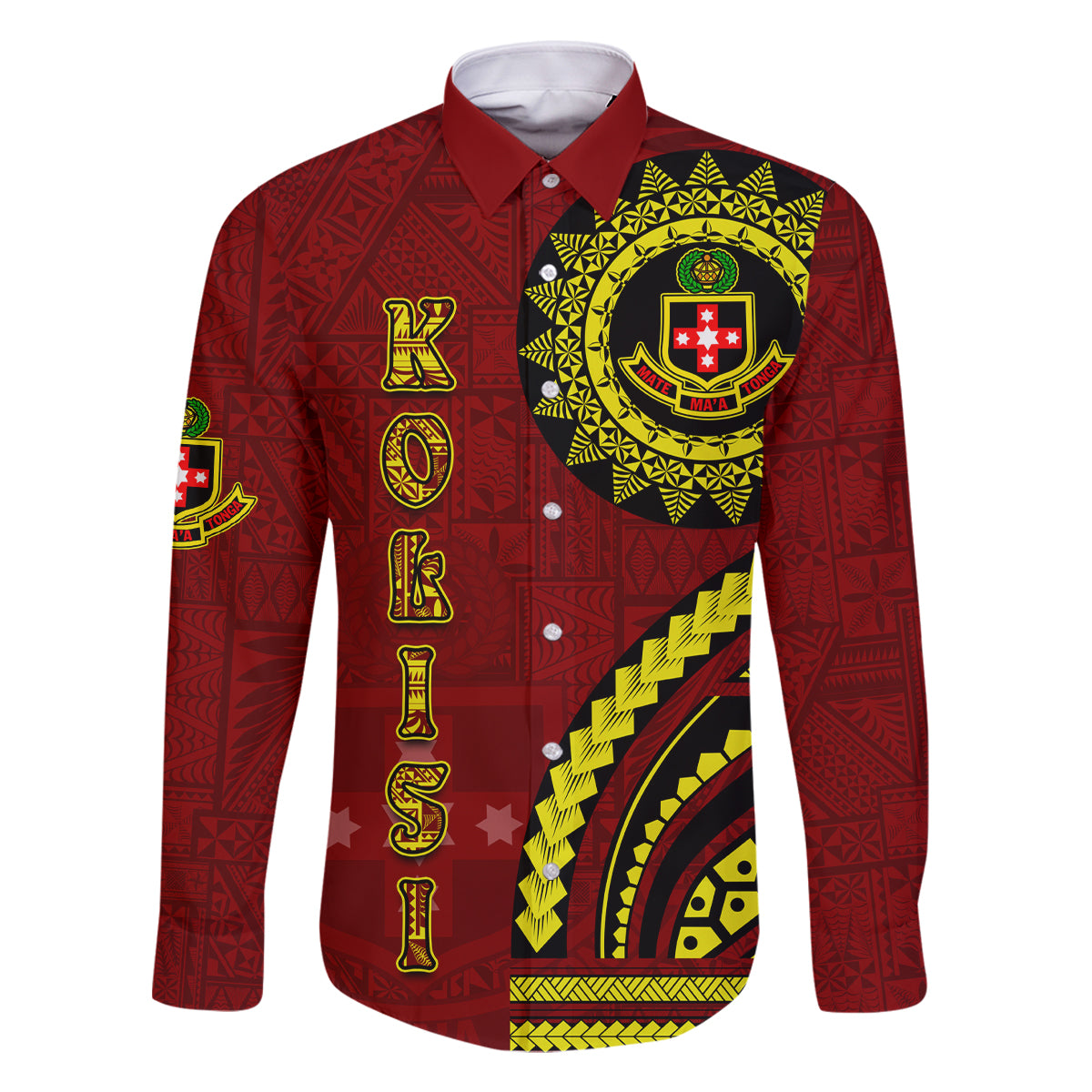 Kolisi Tonga Atele Family Matching Off Shoulder Maxi Dress and Hawaiian Shirt Ngatu and Polynesian Pattern LT03 Dad's Shirt - Long Sleeve Red - Polynesian Pride
