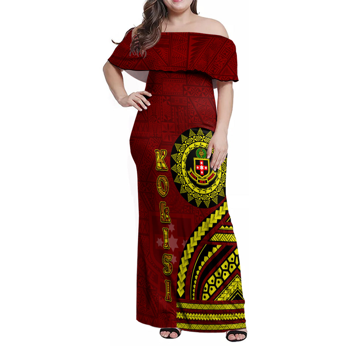 Kolisi Tonga Atele Family Matching Off Shoulder Maxi Dress and Hawaiian Shirt Ngatu and Polynesian Pattern LT03 Mom's Dress Red - Polynesian Pride