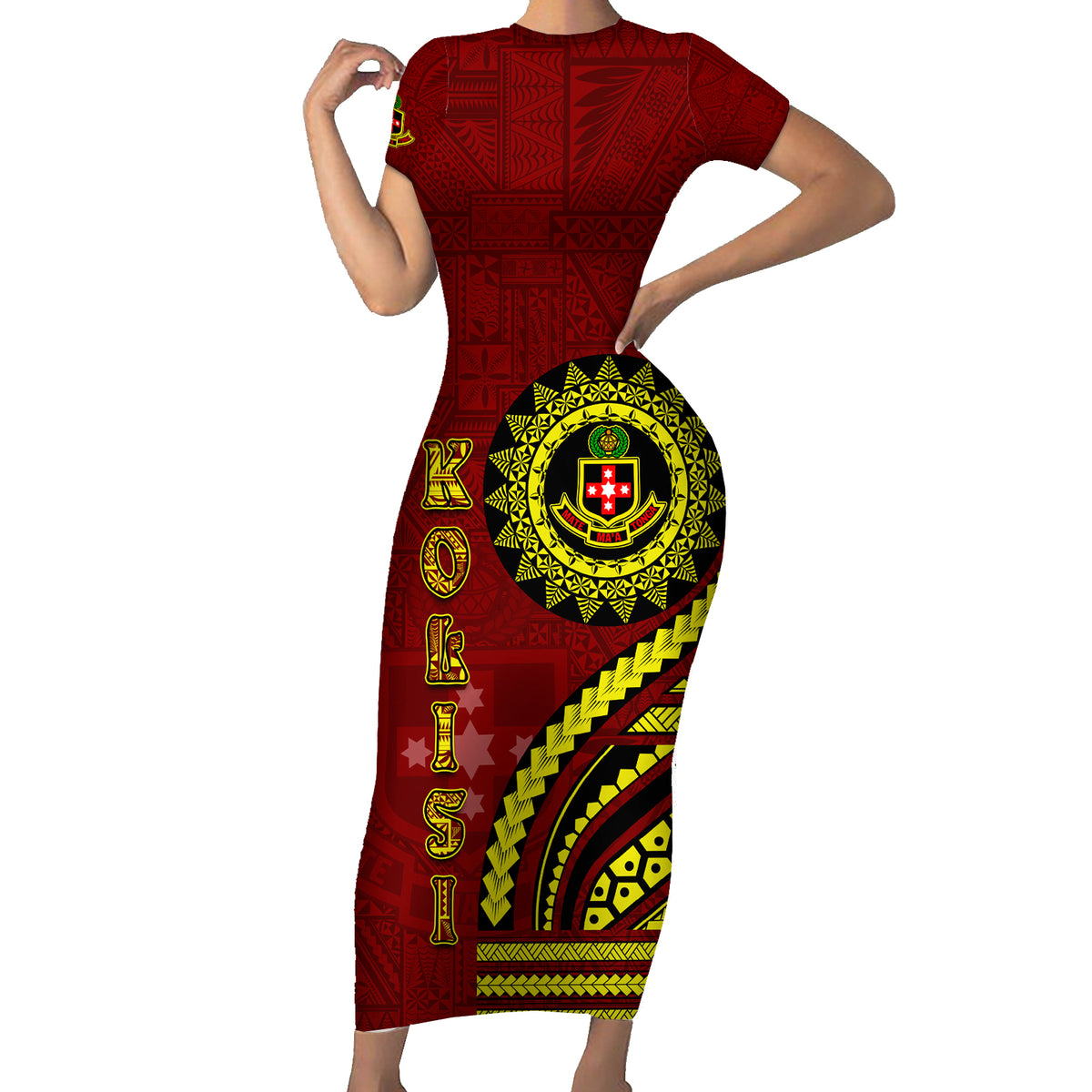 Kolisi Tonga Atele Short Sleeve Bodycon Dress Ngatu and Polynesian Pattern LT03 Long Dress Red - Polynesian Pride