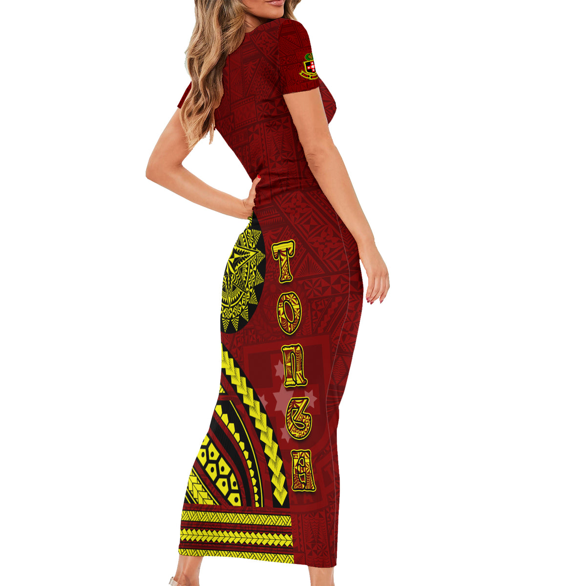 Kolisi Tonga Atele Short Sleeve Bodycon Dress Ngatu and Polynesian Pattern LT03 - Polynesian Pride