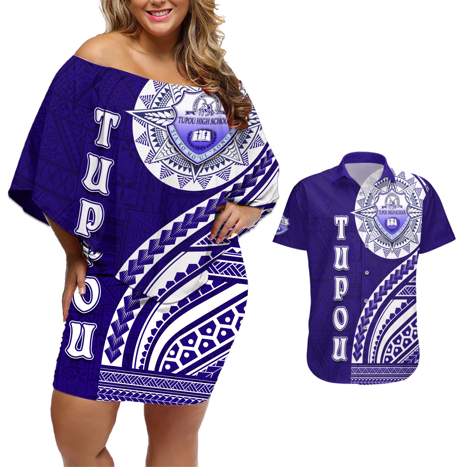 Tupou College Toloa Couples Matching Off Shoulder Short Dress and Hawaiian Shirt Ngatu and Polynesian Pattern