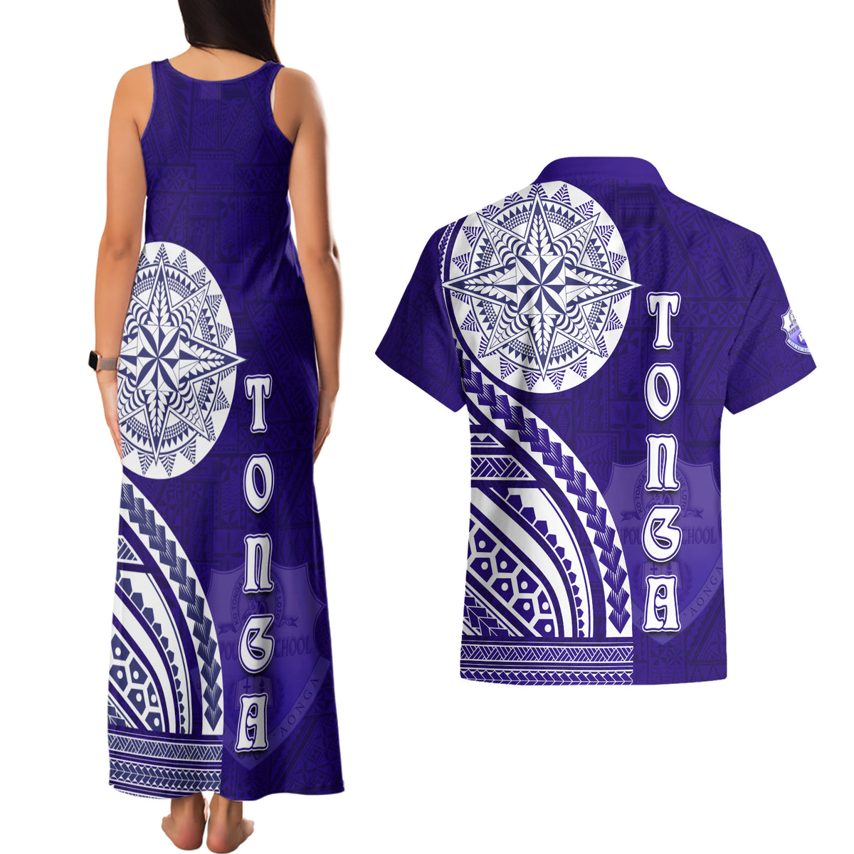 Tupou College Toloa Couples Matching Tank Maxi Dress and Hawaiian Shirt Ngatu and Polynesian Pattern