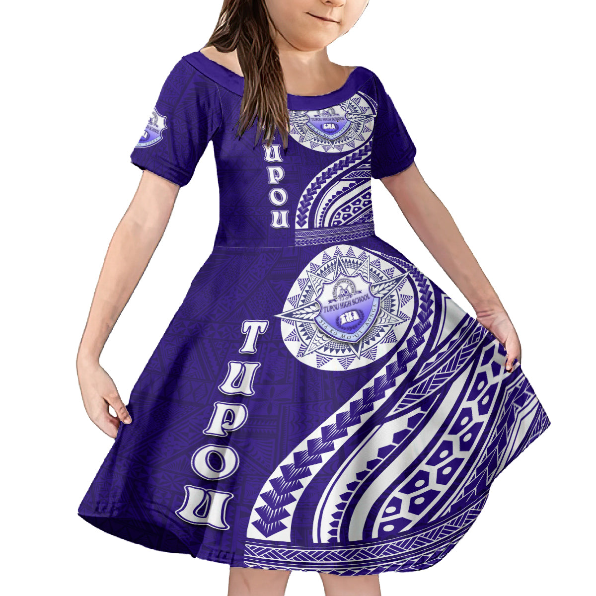 Tupou College Toloa Family Matching Off Shoulder Short Dress and Hawaiian Shirt Ngatu and Polynesian Pattern LT03 Daughter's Dress Blue - Polynesian Pride