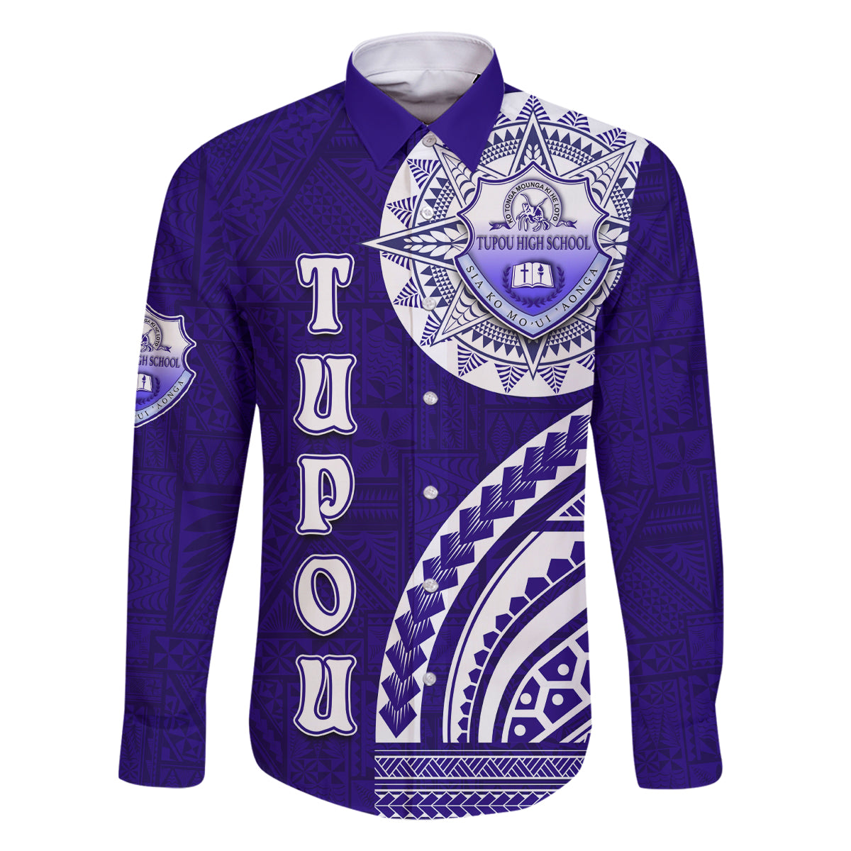 Tupou College Toloa Family Matching Off Shoulder Short Dress and Hawaiian Shirt Ngatu and Polynesian Pattern LT03 Dad's Shirt - Long Sleeve Blue - Polynesian Pride
