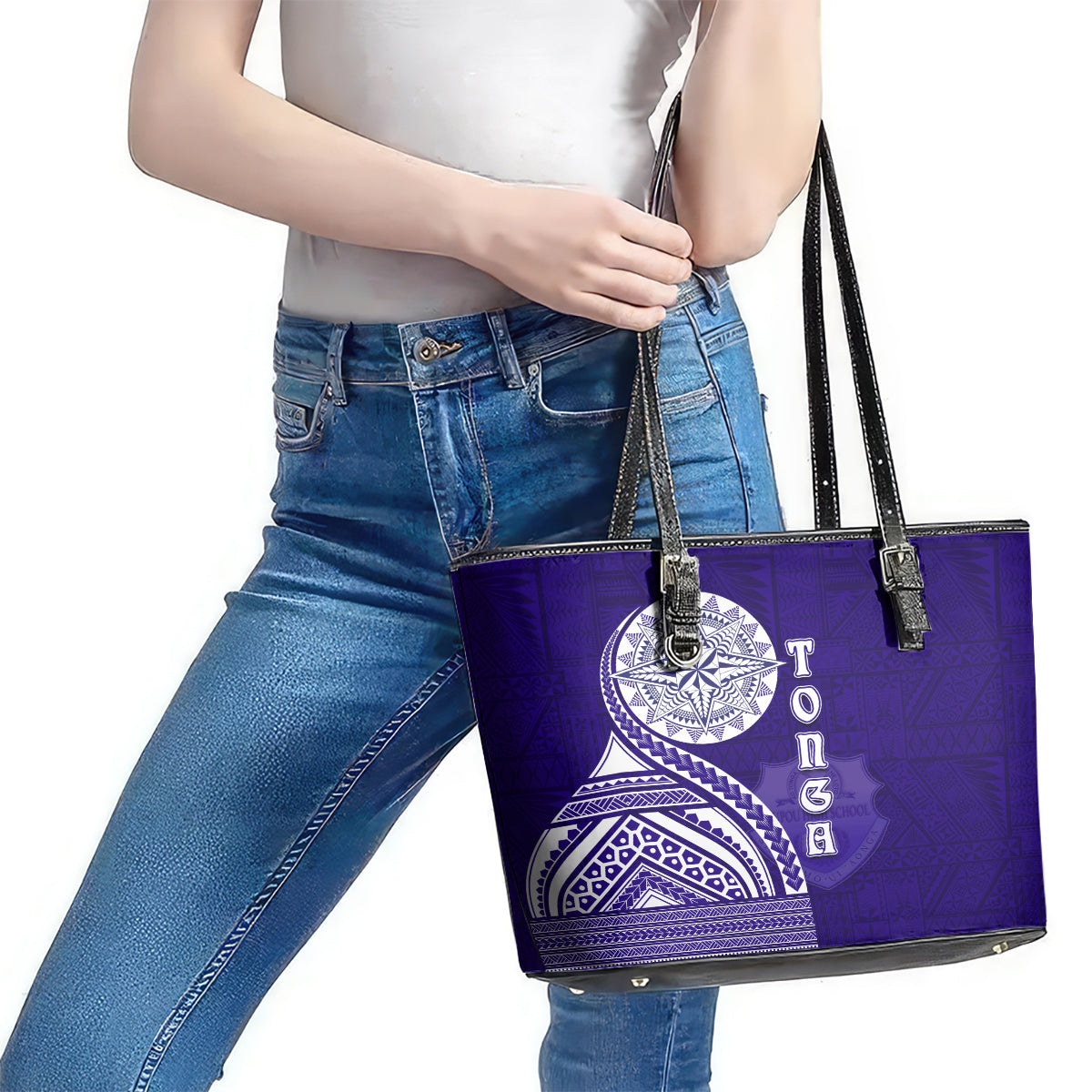 Tupou College Toloa Leather Tote Bag Ngatu and Polynesian Pattern