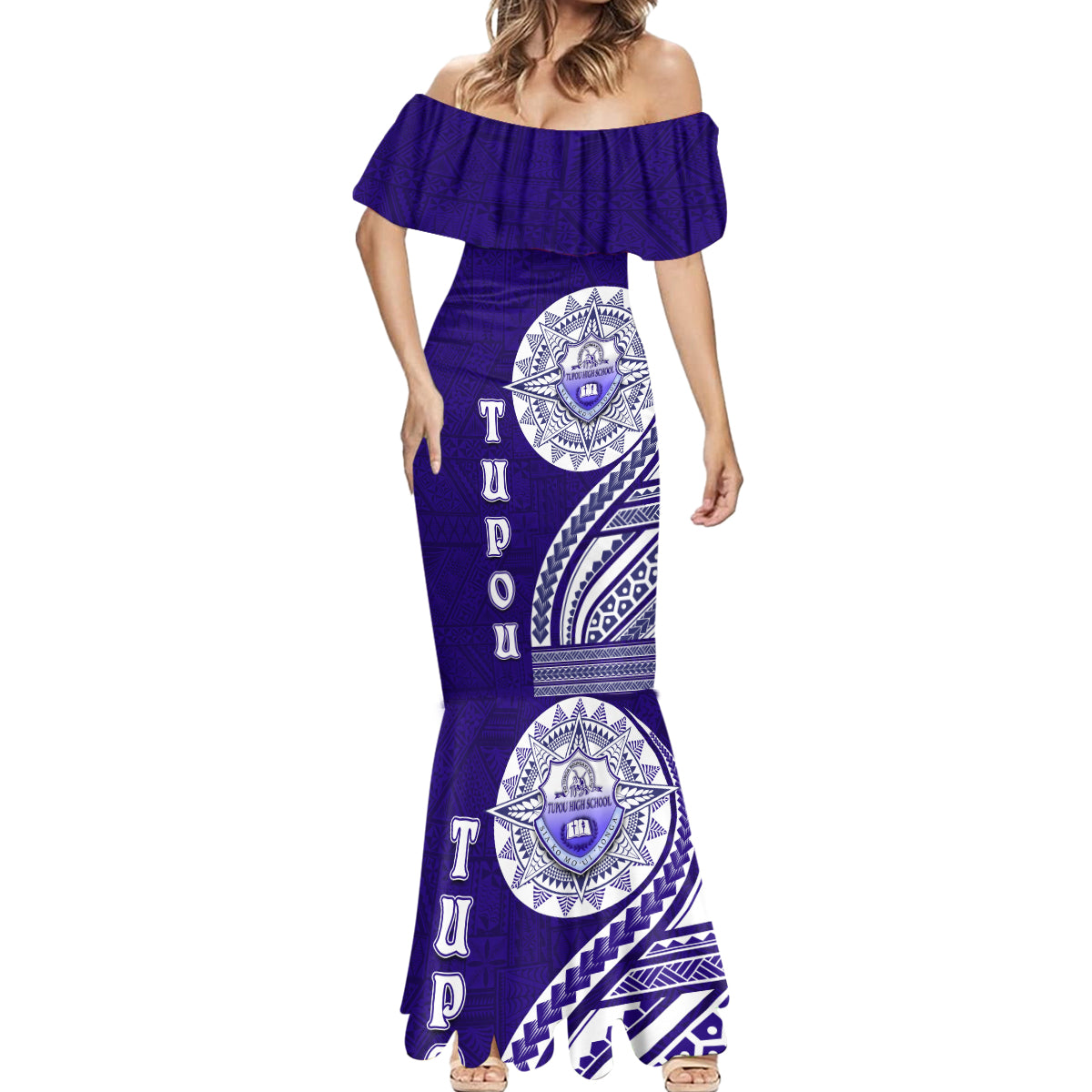 Tupou College Toloa Mermaid Dress Ngatu and Polynesian Pattern