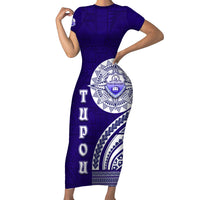 Tupou College Toloa Short Sleeve Bodycon Dress Ngatu and Polynesian Pattern LT03 Long Dress Blue - Polynesian Pride