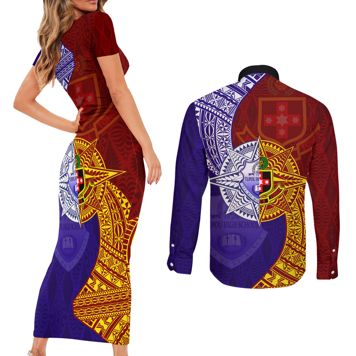 Kolisi Tonga Atele and Tupou College Toloa Couples Matching Short Sleeve Bodycon Dress and Long Sleeve Button Shirt Ngatu and Polynesian Spiral Pattern