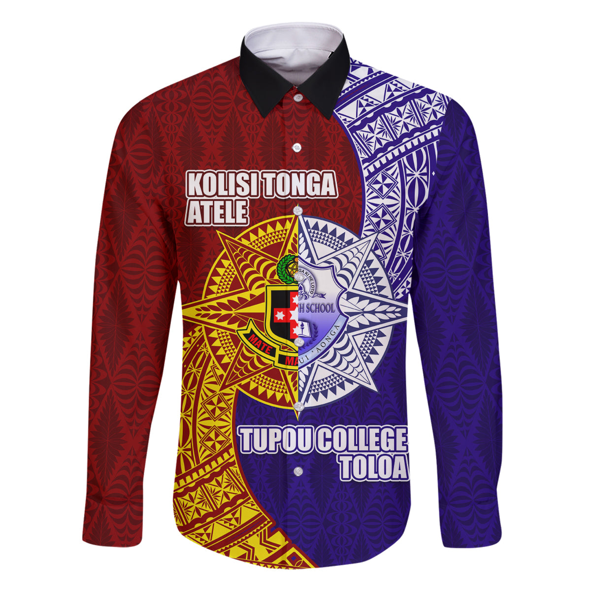 Kolisi Tonga Atele and Tupou College Toloa Family Matching Long Sleeve Bodycon Dress and Hawaiian Shirt Ngatu and Polynesian Spiral Pattern LT03 Dad's Shirt - Long Sleeve Red - Polynesian Pride