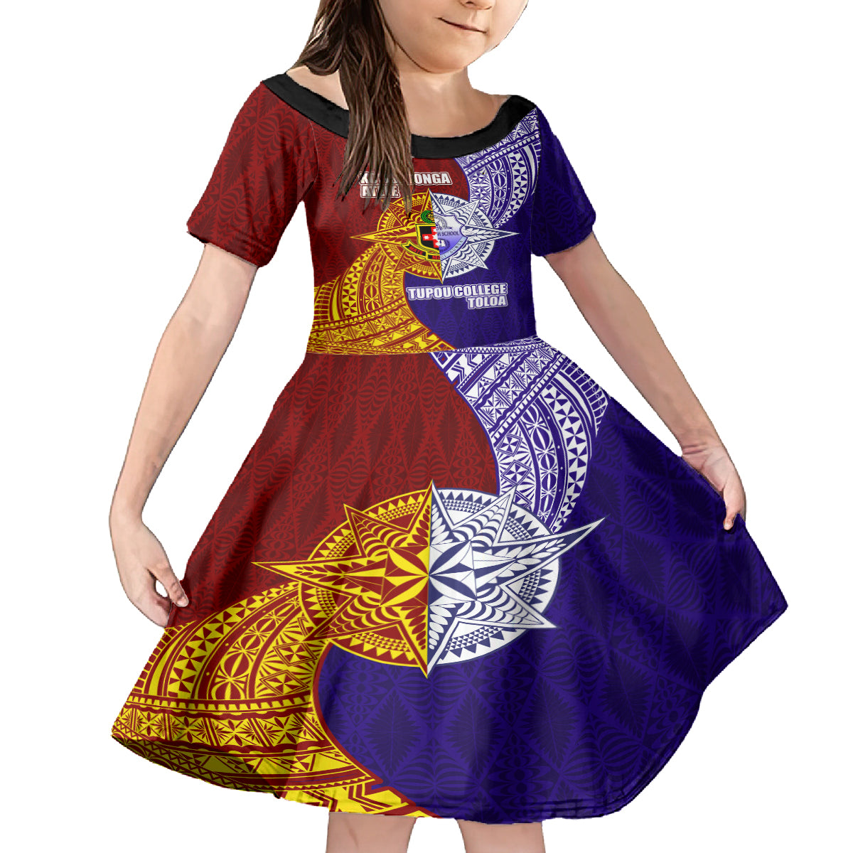 Kolisi Tonga Atele and Tupou College Toloa Family Matching Off Shoulder Maxi Dress and Hawaiian Shirt Ngatu and Polynesian Spiral Pattern LT03 Daughter's Dress Red - Polynesian Pride