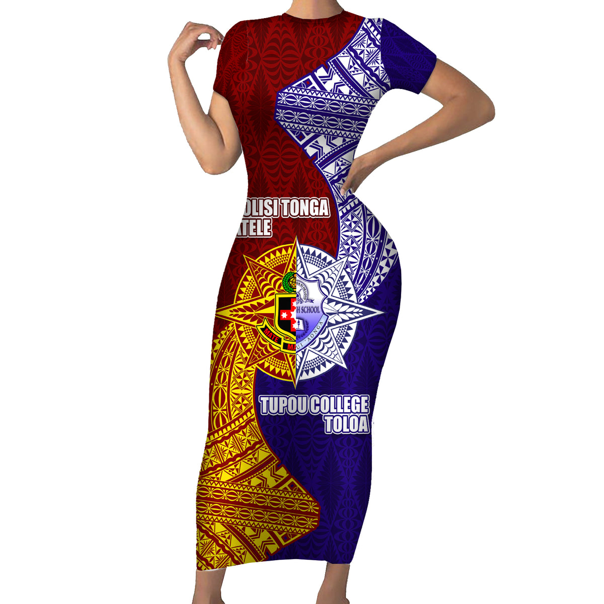 Kolisi Tonga Atele and Tupou College Toloa Short Sleeve Bodycon Dress Ngatu and Polynesian Spiral Pattern LT03 Long Dress Red - Polynesian Pride
