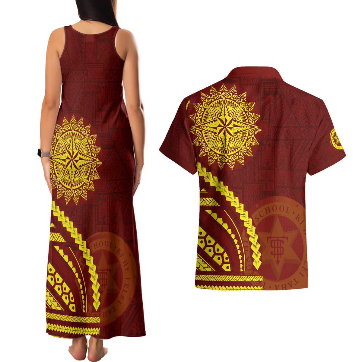 Tonga High School Couples Matching Tank Maxi Dress and Hawaiian Shirt Ngatu and Polynesian Pattern