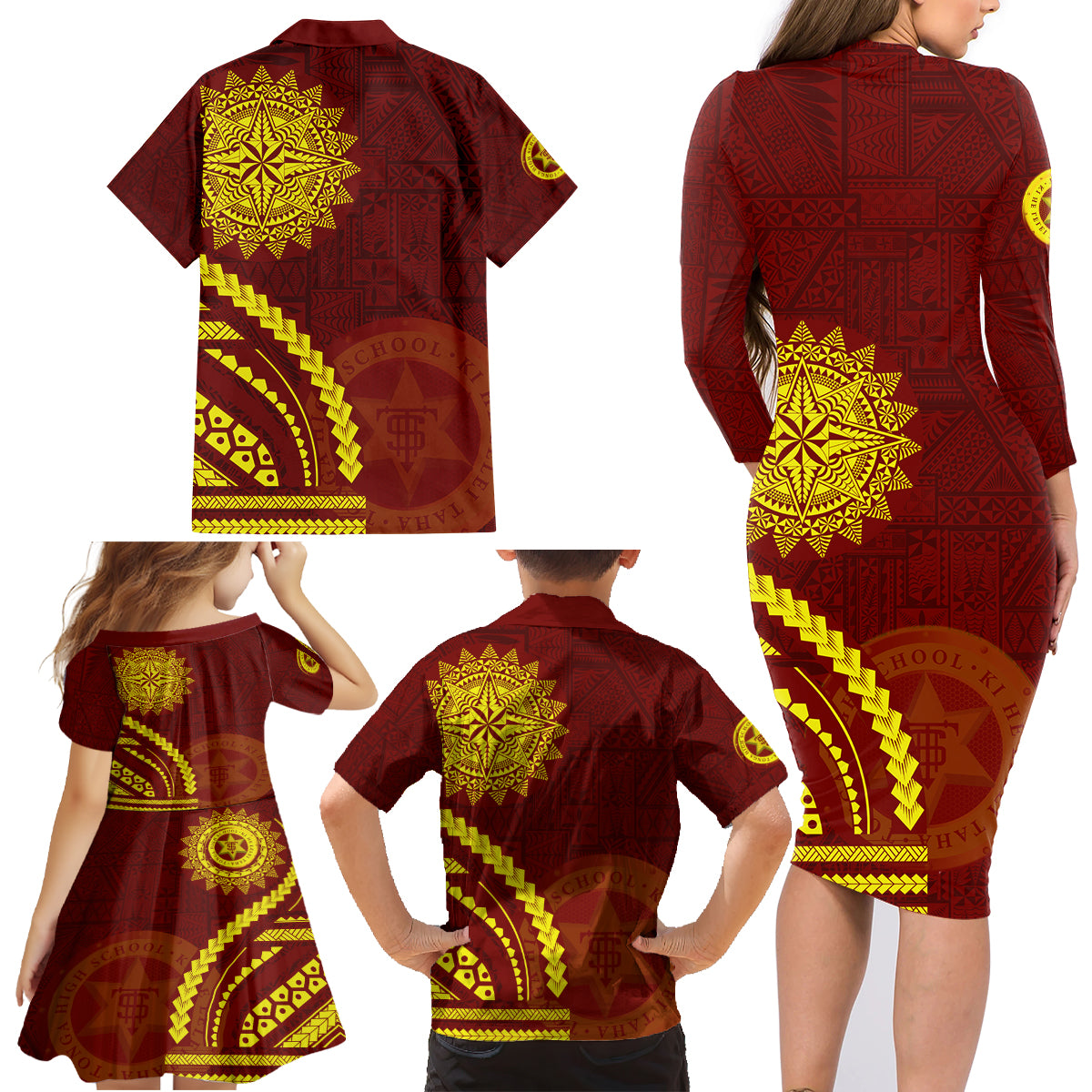 Tonga High School Family Matching Long Sleeve Bodycon Dress and Hawaiian Shirt Ngatu and Polynesian Pattern