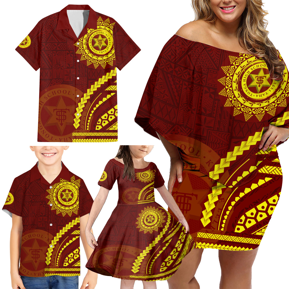 Tonga High School Family Matching Off Shoulder Short Dress and Hawaiian Shirt Ngatu and Polynesian Pattern LT03 - Polynesian Pride