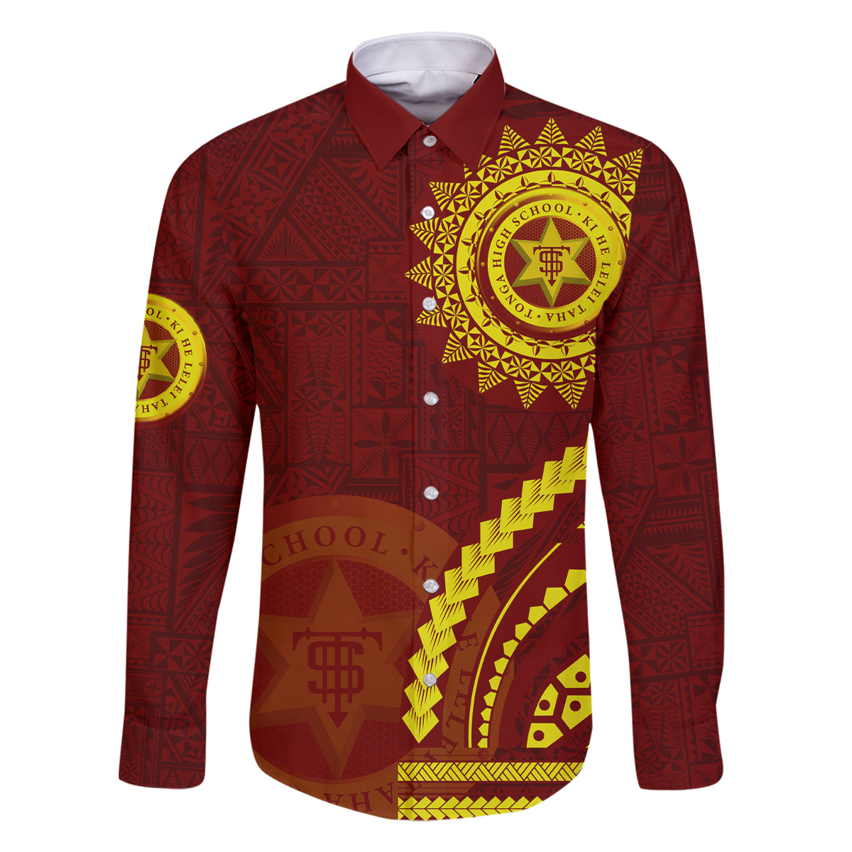 Tonga High School Family Matching Off Shoulder Short Dress and Hawaiian Shirt Ngatu and Polynesian Pattern LT03 Dad's Shirt - Long Sleeve Red - Polynesian Pride