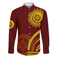 Tonga High School Family Matching Off Shoulder Short Dress and Hawaiian Shirt Ngatu and Polynesian Pattern LT03 Dad's Shirt - Long Sleeve Red - Polynesian Pride