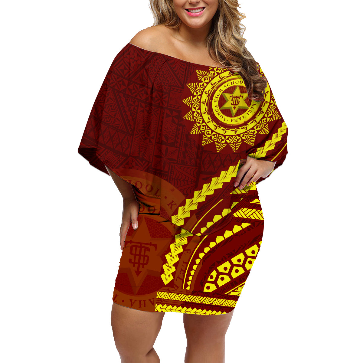 Tonga High School Family Matching Off Shoulder Short Dress and Hawaiian Shirt Ngatu and Polynesian Pattern LT03 Mom's Dress Red - Polynesian Pride