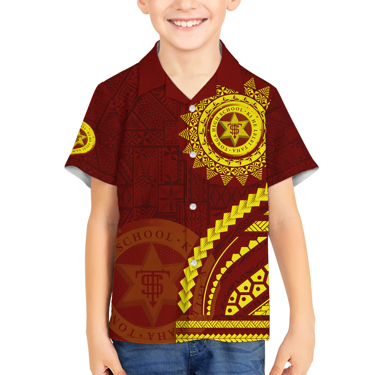 Tonga High School Family Matching Off Shoulder Short Dress and Hawaiian Shirt Ngatu and Polynesian Pattern LT03 Son's Shirt Red - Polynesian Pride