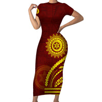 Tonga High School Short Sleeve Bodycon Dress Ngatu and Polynesian Pattern LT03 Long Dress Red - Polynesian Pride