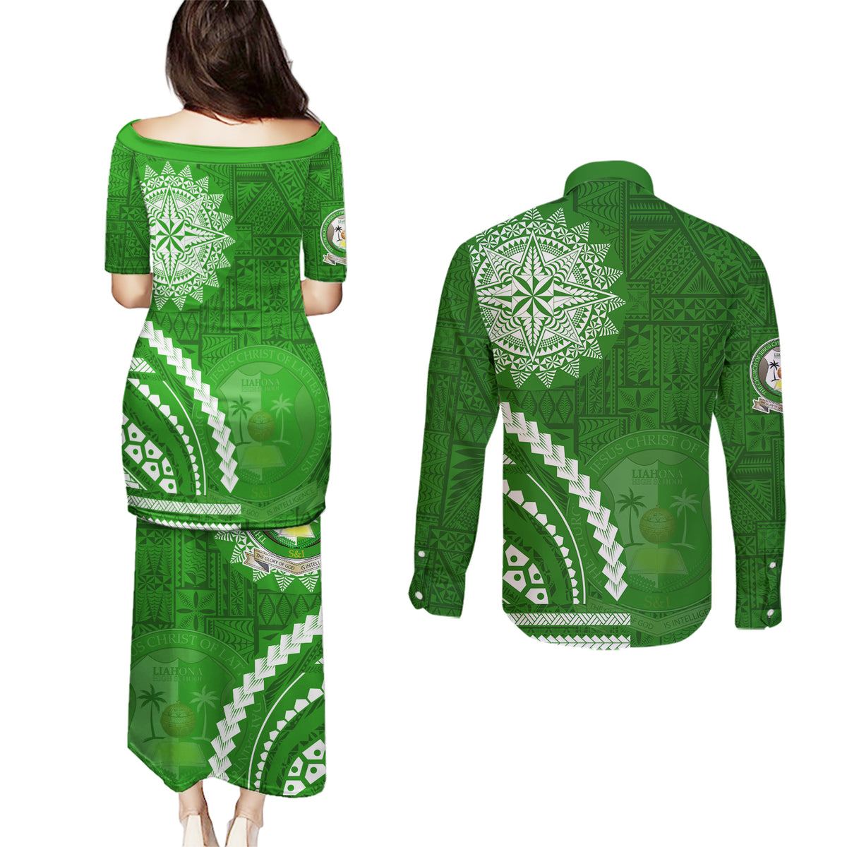 Liahona High School Couples Matching Puletasi and Long Sleeve Button Shirt Ngatu and Polynesian Pattern