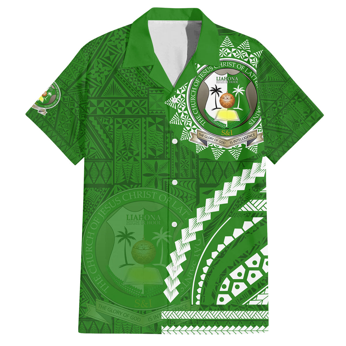 Liahona High School Family Matching Off The Shoulder Long Sleeve Dress and Hawaiian Shirt Ngatu and Polynesian Pattern LT03 Dad's Shirt - Short Sleeve Green - Polynesian Pride
