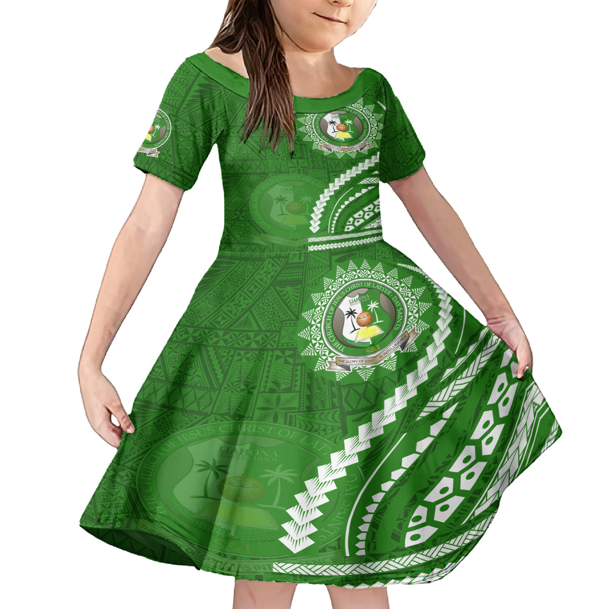 Liahona High School Family Matching Off Shoulder Short Dress and Hawaiian Shirt Ngatu and Polynesian Pattern LT03 Daughter's Dress Green - Polynesian Pride