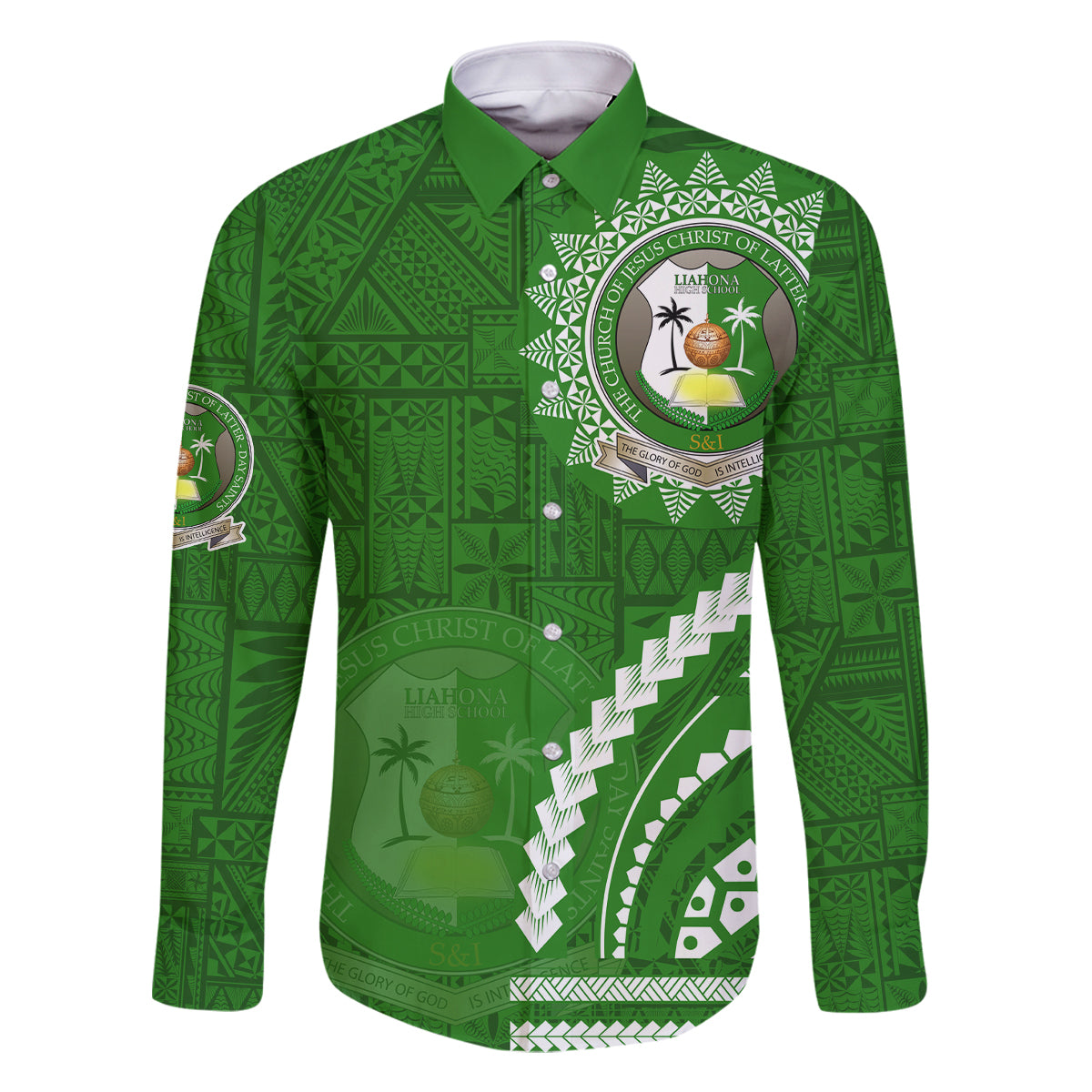 Liahona High School Family Matching Off Shoulder Short Dress and Hawaiian Shirt Ngatu and Polynesian Pattern LT03 Dad's Shirt - Long Sleeve Green - Polynesian Pride